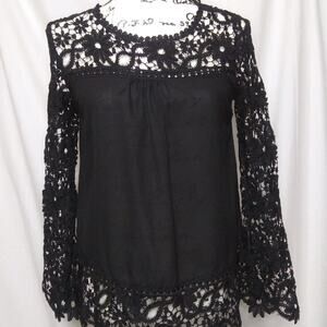 Oioninos Crochet Lace Long Sleeve Black Pullover Blouse Top Shirt XS-S Lace Hem